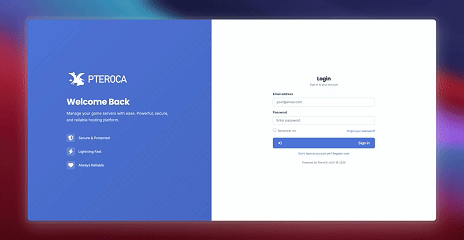 PteroCA in action - Login, server purchase, and console management